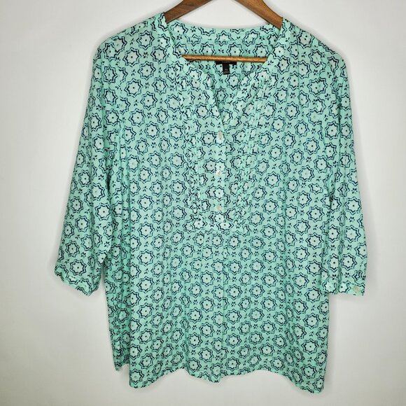 Talbots Womens Mint Green Popover Pintucked Blouse Size 1X Petite Geometric - Picture 1 of 9